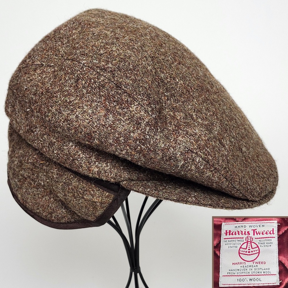 Vintage Harris Tweed Eddie Bauer 100% Wool Flat Cap Tweed Flaps Quilted Liner M